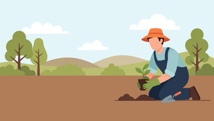 Illustration of a farmer planting a seedling in a field, copyspace