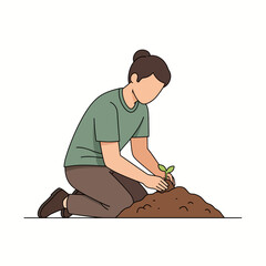 Young person planting a small seedling in a pile of soil. Vector illustration