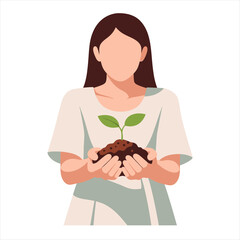 Woman holding soil with a sprout growing in her hands, vector illustration