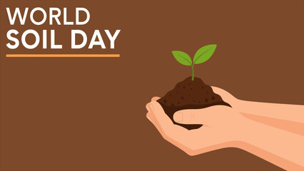 Hands holding soil with growing plant illustration on brown background for world soil day