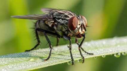 A fly with large eyes and wings perched on a green leaf with water droplets.
