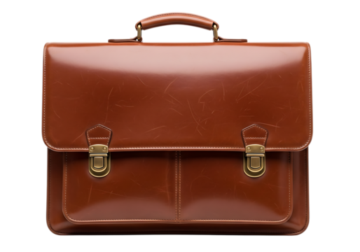 Classic brown leather briefcase with brass clasps isolated on transparent background