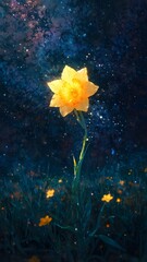 Ethereal yellow daffodil blooming in a cosmic meadow under a sparkling galaxy, a fantasy concept of nature's magic