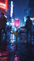 A lone tulip blooms vibrantly in the neon-lit urban night, reflecting its light on wet city streets