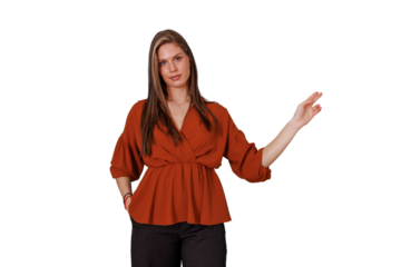 Young businesswoman pointing right, gesturing while presenting a concept or idea on a transparent background