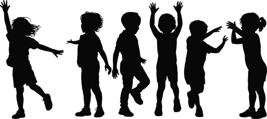 Silhouette of playful children standing and dancing together, expressing joy, friendship, fun movement, childhood energy, outdoor activity, happy kids celebration scene.