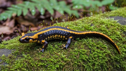 Obraz premium A black and orange salamander on a mossy rock with green leaves in the background.