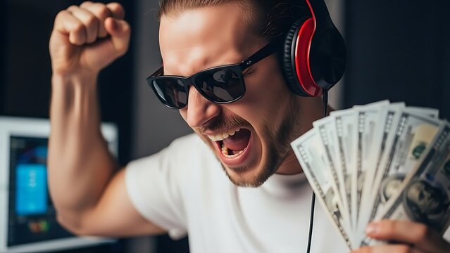 Excited man celebrates financial success, holding cash and wearing sunglasses