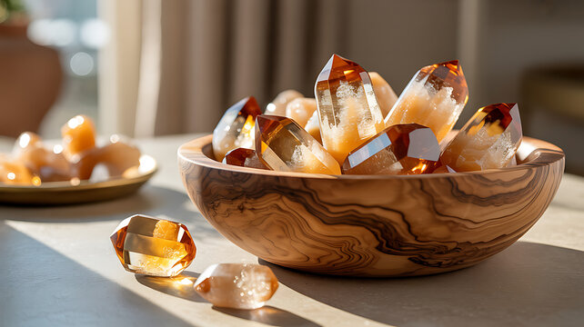 Olive wood bowl mounded with large amber orange citrine quartz crystal points and faceted polished gemstones catching the sunlight on a table for healing or spiritual therapy