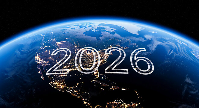 Earth view from space with visible continents and city lights. White numbers "2026" overlay, representing future year, progress and global event anticipation