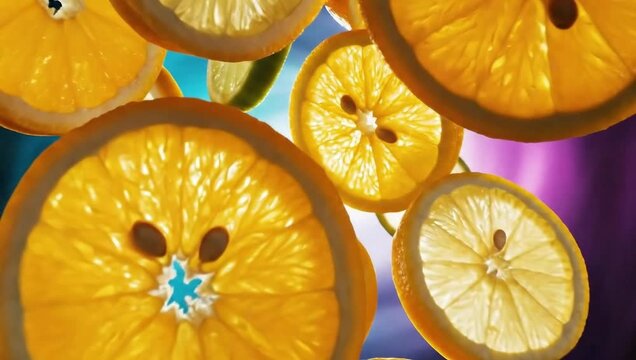 Fresh citrus fruit slices falling in slow motion orange lemon lime healthy food juice vitamin c splash