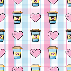 Kawaii hot coffee and pink heart cookies on a pink and blue plaid background. Valentine and food  seamless pattern.