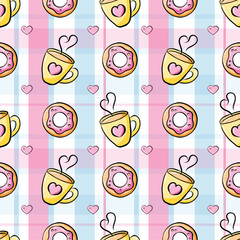 Kawaii hot chocolate with a sweet donut and a pink heart on a pink and blue plaid background. Valentine and food seamless pattern.