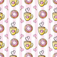 Kawaii hot chocolate with a sweet donut and pink heart lollipop on a pink and white striped background. Valentine and food seamless pattern.