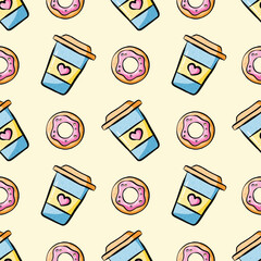 Kawaii a cup of hot coffee with a sweet donut on a light yellow background. Valentine and food seamless pattern.