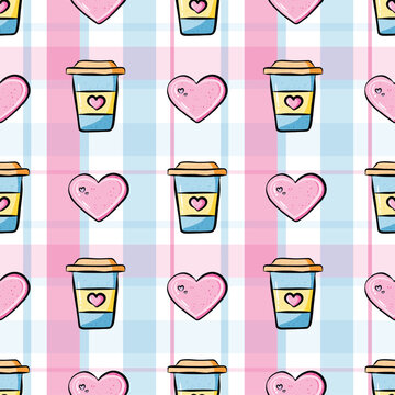 Kawaii hot coffee and pink heart cookies on a pink and blue plaid background. Valentine and food  seamless pattern.