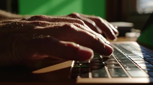 Hand typing on laptop keyboard with green screen background