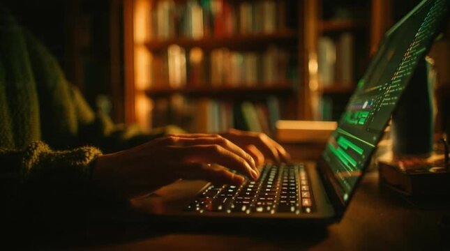 Hand typing on laptop Late Night Editing Session Cozy Study Atmosphere