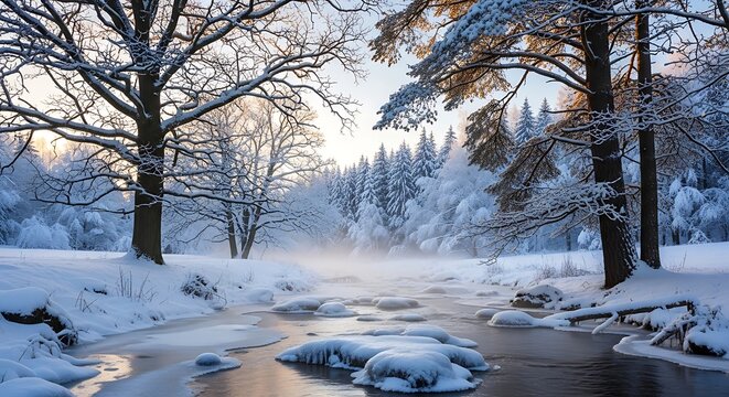 Snowy forest landscape with a frozen river and morning mist winter trees - Powered by Adobe