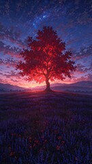 An enchanting red-leaved tree glows vibrantly in a tranquil field under a dramatic twilight sky, its luminous beauty creating a magical and mesmerizing dreamscape