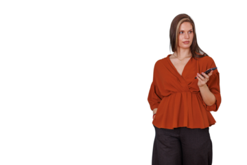 Woman holding smartphone looking away, contemplating options, making a decision on transparent background