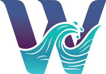 Abstract letter w logo with flowing blue water wave and gradient colors representing liquid or ocean current design element