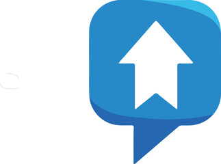 Blue upward pointing arrow inside speech bubble map pointer symbol representing growth improvement or directional movement