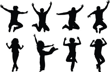 silhouettes, jumping, dancing, people, energy, movement, joy, freedom, celebration, pose, activity, youth, fun, action, expressive