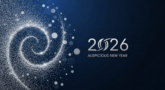 Sparkling swirl on dark blue gradient background with silver 2026 text, representing auspicious new year celebration and festive future anticipation