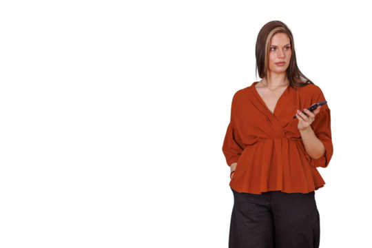 Woman holding smartphone looking away, contemplating options, making a decision on transparent background