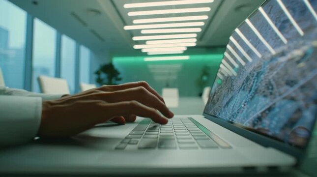 Hand typing on laptop in modern office conference room