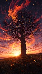 Vibrant Sunset Silhouette A Majestic Tree Embraces the Fiery Sky, Artful Nature Scene