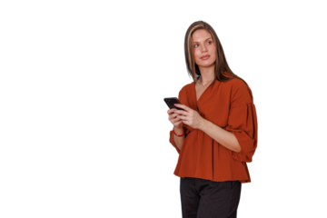 Woman holding smartphone texting and looking away, pondering or considering new ideas, transparent background