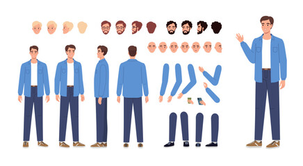Young man constructor. Vector set elements for creating a modern male character	