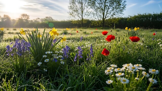 Vibrant spring garden awakens with dew kissed red poppies and purple irises bathed in soft morning sunlight