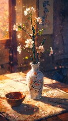 Serene Spring Blossom in a Vase with a Teacup on a Table, bathed in Golden Sunlight, evoking tranquility and beauty
