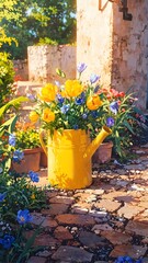 Sunny garden with vibrant yellow watering can brimming with golden tulips and blue flowers on a rustic stone path, evoking picturesque spring serenity