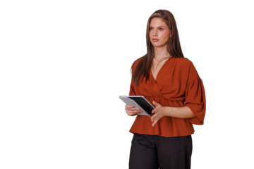 Businesswoman holding tablet, giving presentation, explaining, discussing professional concepts on transparent background