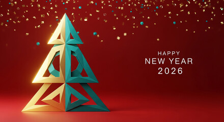Geometric Christmas tree with gold confetti against a red backdrop, representing holiday celebration and new year wishes with a modern, festive aesthetic