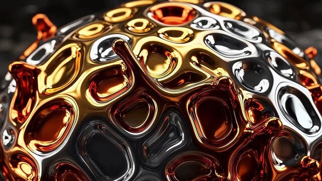 Abstract futuristic background of a liquid metal sphere with a biomorphic cellular texture in gold and chrome