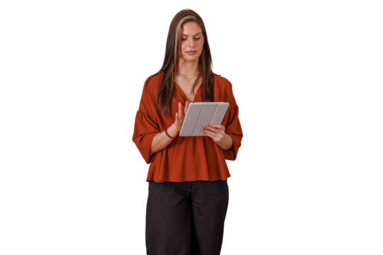 Woman standing and using a tablet device, interacting with digital information and mobile technology, transparent background