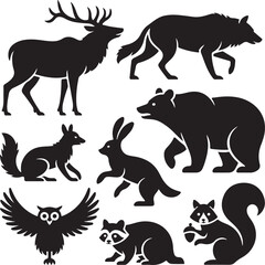 Silhouette of wild animals such as bear, deer, wolf, fox, owl and raccoon