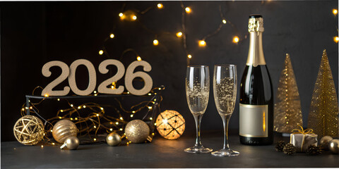 Elegant New Year composition with golden &ldquo;2026&rdquo; numbers placed on a black background. Champagne bottles, sparkling glasses, gold ornaments, and warm fairy lights create a festive and luxurious holiday