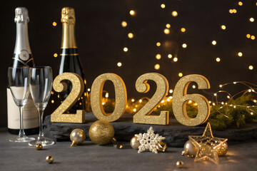 Elegant New Year composition with golden &ldquo;2026&rdquo; numbers placed on a black background. Champagne bottles, sparkling glasses, gold ornaments, and warm fairy lights create a festive and luxurious holiday