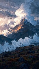 Majestic Mountain Peak Bathed in Golden Sunlight Amidst Dramatic Clouds and Rugged Terrain