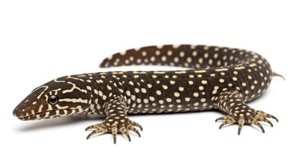 Naklejka premium A black and white spotted lizard, Varanus bengalensis, in front of a white background.