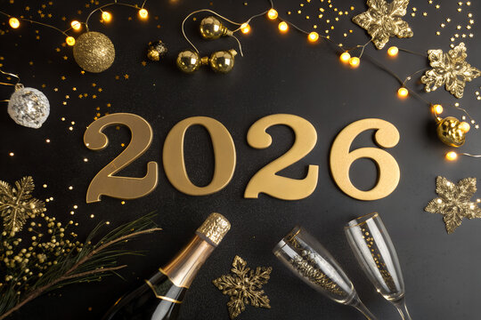Elegant New Year composition with golden “2026” numbers placed on a black background. Champagne bottles, sparkling glasses, gold ornaments, and warm fairy lights create a festive and luxurious holiday
