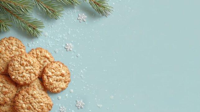 oatmeal cookies pastel blue background, pine needles and tiny snowflake confetti - Powered by Adobe