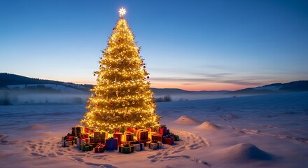 A christmas tree with lights and presents in a snowy landscape at dusk with a star on top