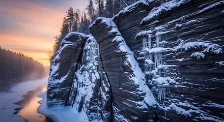 Icy rock face beside a frozen river at sunset winter rocks